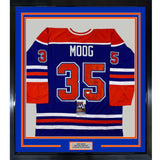 Framed Autographed/Signed Andy Moog 35x39 Edmonton Blue Jersey JSA COA