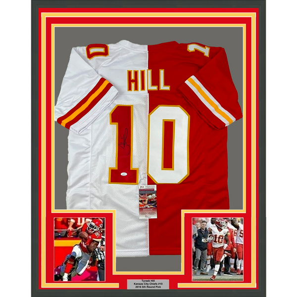 Framed Autographed/Signed Tyreek Hill 33x42 Split Red/White Jersey JSA COA