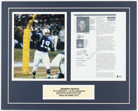 Johnny Unitas Signed Custom Matted Full Page Cut with Photo (Beckett) Colts Q.B