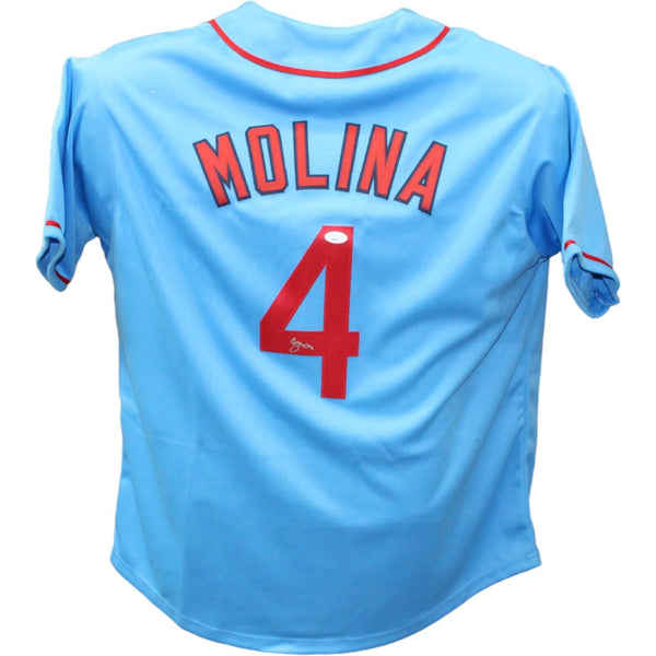 Yadier Molina Autographed/Signed Pro Style Blue Jersey JSA 43426