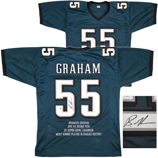 EAGLES BRANDON GRAHAM AUTOGRAPHED GREEN STAT JERSEY BECKETT WITNESS 241648