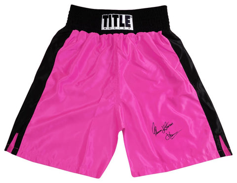 Thomas Hearns Signed Title Pink w/ Black Trim Boxing Trunks w/Hitman - (SS COA)