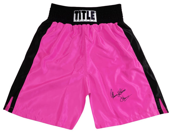 Thomas Hearns Signed Title Pink w/ Black Trim Boxing Trunks w/Hitman - (SS COA)