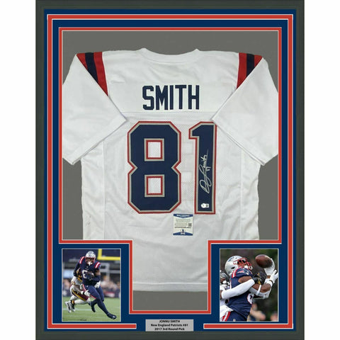 FRAMED Autographed/Signed JONNU SMITH 33x42 White Football Jersey Beckett COA
