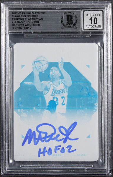 Magic Johnson "HOF 02" Signed 2022 Panini FF PP Cyan #17 Card Auto 10! BAS Slab