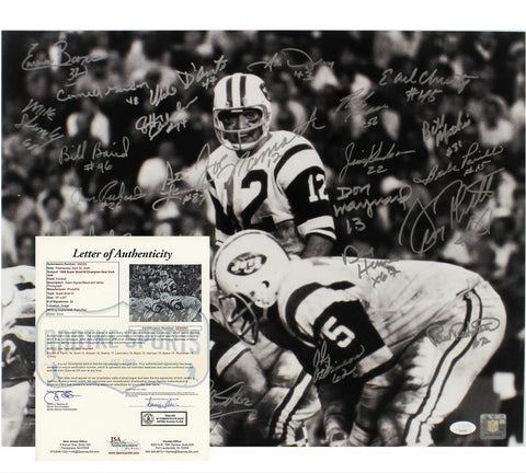 Joe Namath, Don Maynard Signed NY Jets Unframed 16x20 '68 SB B&W Photo - 24 Sigs