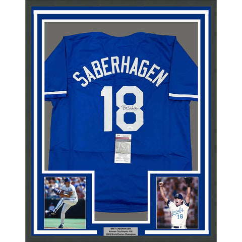 Framed Autographed/Signed Bret Saberhagen 35x39 KC Dark Blue Jersey JSA COA