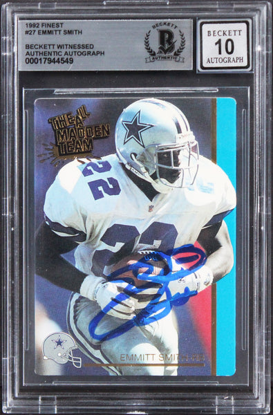 Cowboys Emmitt Smith Authentic Signed 1992 Finest #27 Card Auto 10! BAS Slabbed