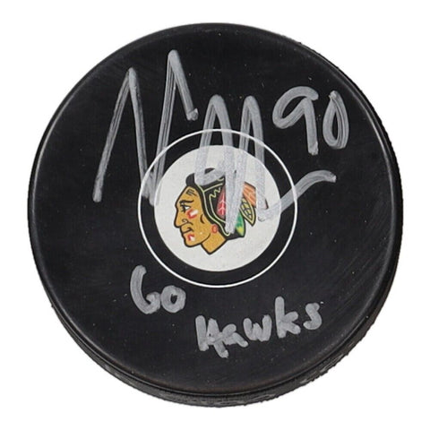 Tyler Johnson Signed Chicago Blackhawks Logo Puck Inscribed "Go Hawks" (JSA COA)