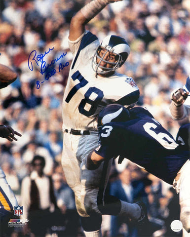 Roger Brown Signed Rams White Jersey Action 16x20 Photo w/8 All Pro - (SS COA)