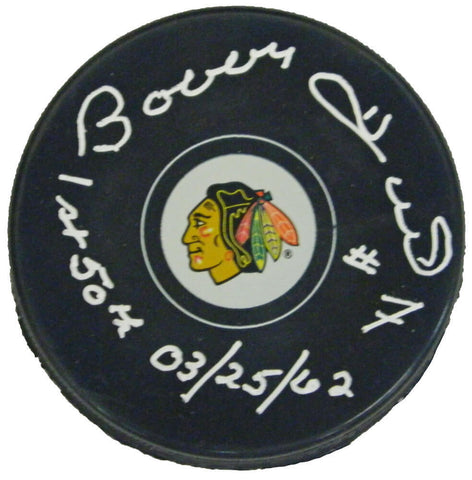 BOBBY HULL Signed Chicago Blackhawks Logo Hockey Puck w/1st 50th 03-25-62 - SS