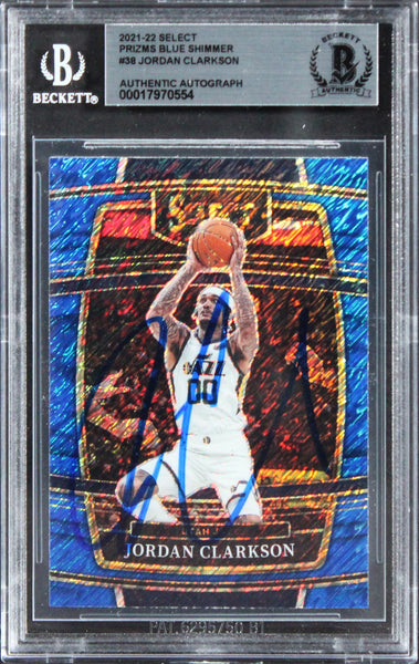 Jazz Jordan Clarkson Signed 2021 Select Prizms Blue Shimmer #38 Card BAS Slabbed