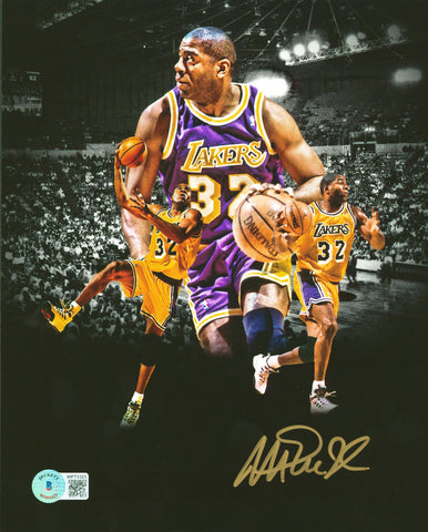 Lakers Magic Johnson Signed 8x10 Photo Purple Jersey Collage Edit BAS Witnessed