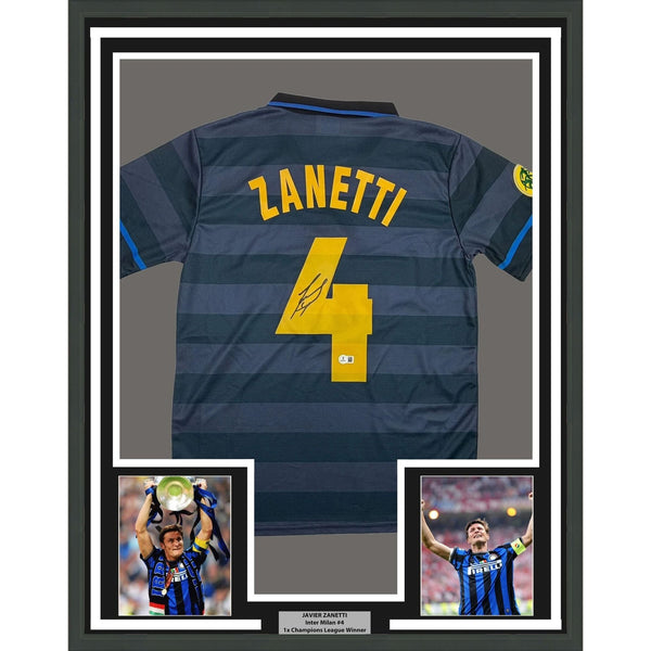 Framed Signed Javier Zanetti 35x39 Inter Milan Navy Jersey Beckett BAS COA