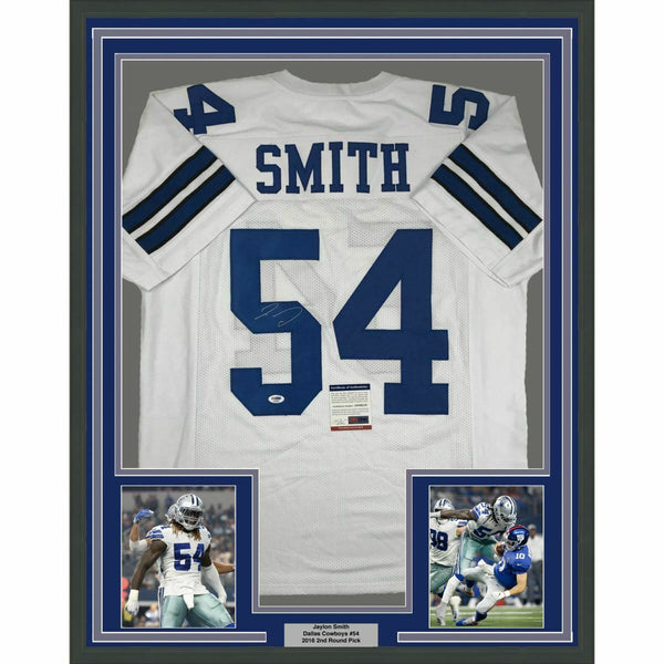 FRAMED Autographed/Signed JAYLON SMITH 33x42 Dallas White Jersey PSA/DNA COA