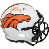 John Elway Autographed Denver Broncos Lunar Mini Helmet Beckett Witness 50197