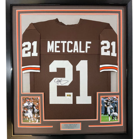 Framed Autographed/Signed Eric Metcalf 33x42 Cleveland Brown Jersey JSA COA