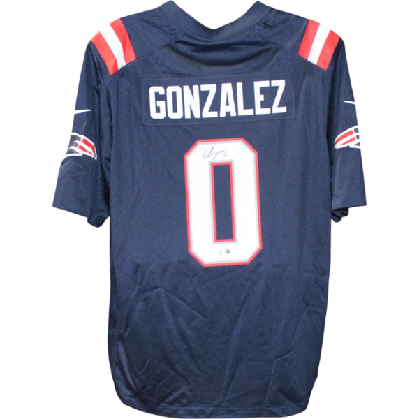 Christian Gonzalez Signed New England Patriots Blue Nike XL Jersey Beckett 50954