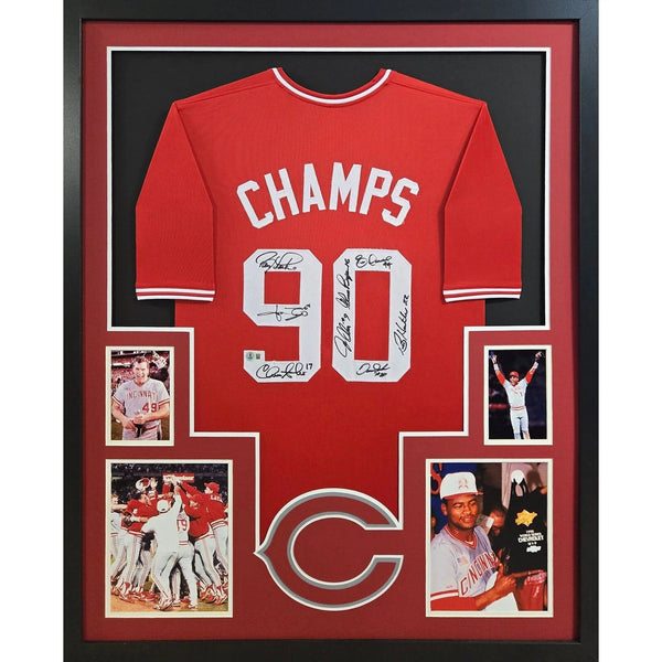 Cincinnati Reds Autographed Signed Framed Red 1990 Champions Jersey BECKETT
