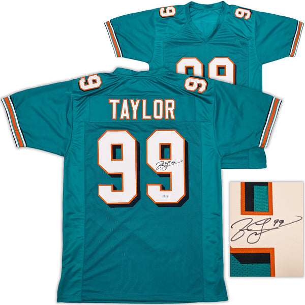 MIAMI DOLPHINS JASON TAYLOR AUTOGRAPHED TEAL JERSEY BECKETT BAS WITNESS 239803