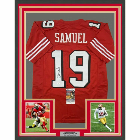 FRAMED Autographed/Signed DEEBO SAMUEL 33x42 Red Alternate Jersey JSA COA