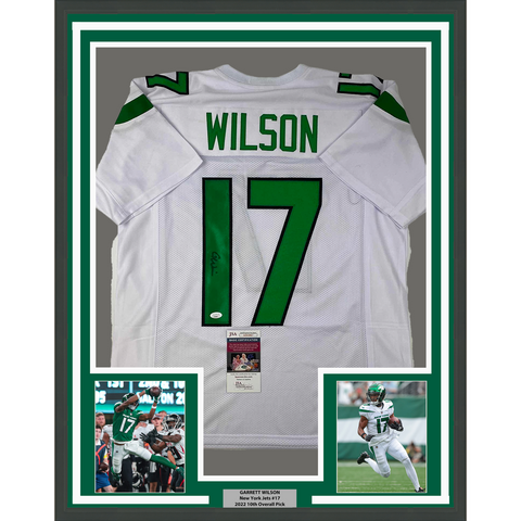 Framed Autographed/Signed Garrett Wilson 33x42 New York White Jersey JSA COA