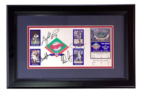 Nolan Ryan Sundberg Perry Bell Signed Framed 6x12 Rangers Photo BAS AC40955