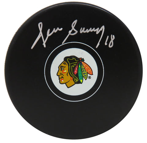 Denis Savard Signed Chicago Blackhawks Logo Hockey Puck - (SCHWARTZ SPORTS COA)