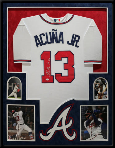SUEDE FRAMED ATLANTA BRAVES RONALD ACUNA JR AUTOGRAPHED JERSEY JSA COA