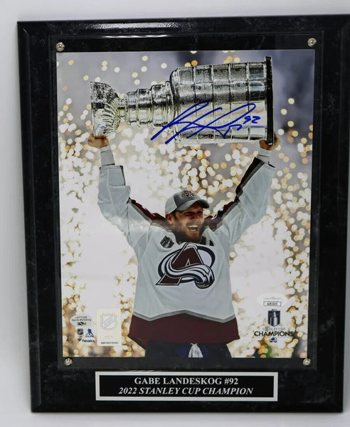 Gabe Landeskog Autographed 8x10 Raising Cup Photo with Plaque JSA COA