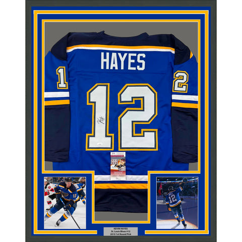 Framed Autographed/Signed Kevin Hayes 35x39 St. Louis Blue Hockey Jersey JSA COA