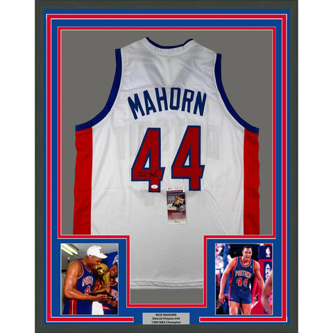 Framed Autographed/Signed Rick Mahorn 33x42 Detroit White Jersey JSA COA