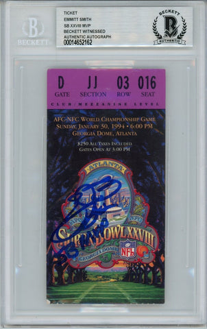 Emmitt Smith Signed Dallas Cowboys Ticket SB XXVIII w/MVP BAS Slab 39462