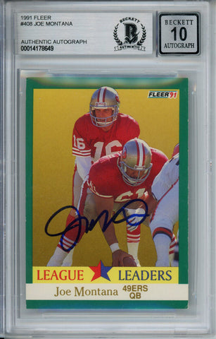Joe Montana Autographed 1991 Fleer #408 Trading Card Beckett 10 Slab 37573