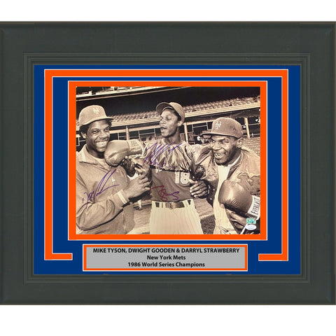 Framed Autographed Mike Tyson D. Strawberry D. Gooden 16x20 Photo JSA COA