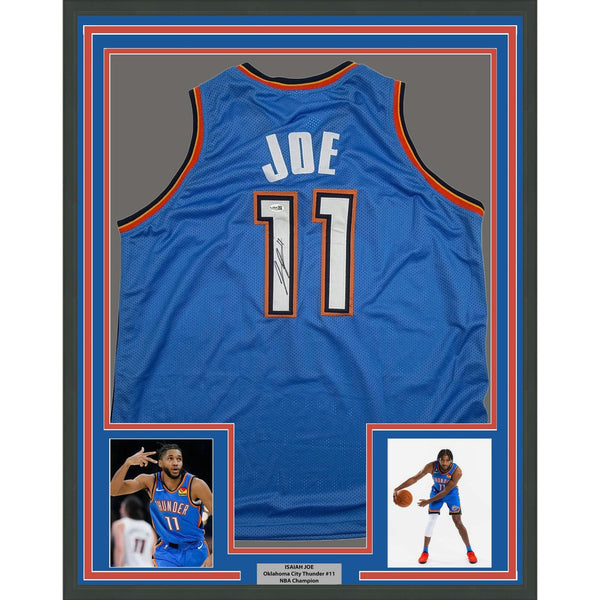 Framed Autographed/Signed Isaiah Joe 35x39 OKC Blue Jersey JSA COA