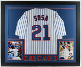 Slammin' Sammy Sosa Signed Chicago Cubs 35x43 Framed Pinstriped Jersey (Beckett)