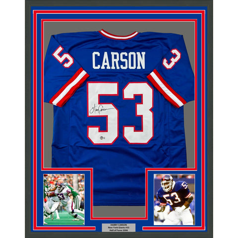 Framed Autographed/Signed Harry Carson 33x42 New York Blue Jersey BAS COA