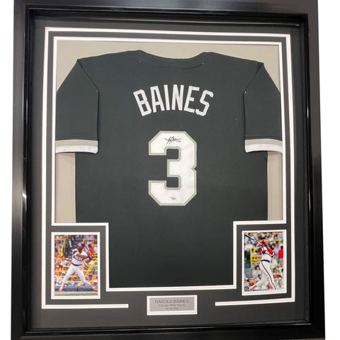 FRAMED Autographed/Signed HAROLD BAINES 35x39 Chicago Black Jersey BAS COA