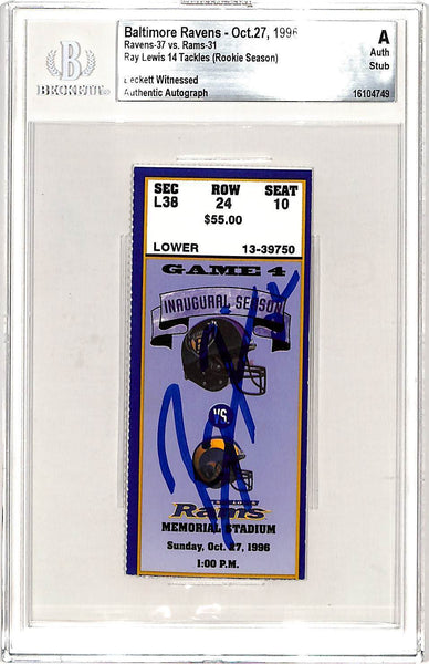 Ray Lewis Signed Baltimore Ravens 10/27/96 Ticket Stub Slab Beckett 42754