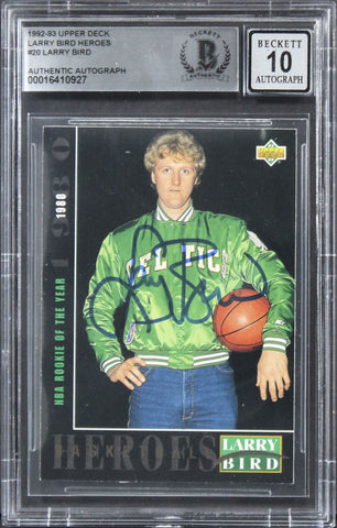 Celtics Larry Bird Signed 1992 Upper Deck Heroes #20 Card Auto 10! BAS Slabbed