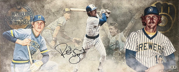 Brewers ROBIN YOUNT Signed 13x31 Stretched Canvas Milwaukee Collage AUTO - BAS
