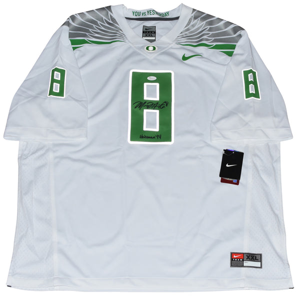 MARCUS MARIOTA SIGNED OREGON DUCKS #8 WHITE NIKE LIMITED JERSEY W/ HEISMAN 14