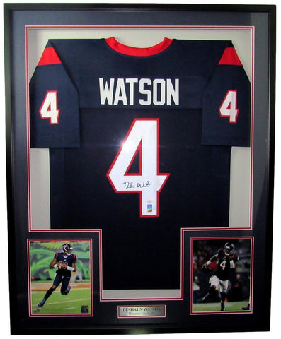 Deshaun Watson Signed Texans Blue Football Jersey w/ Pictures Framed JSA 156793
