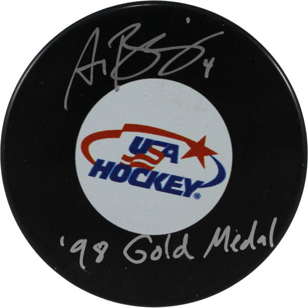 Angela Ruggiero Autographed/Signed USA Logo Puck 98 Gold Medal JSA 54003