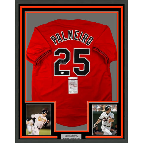 Framed Signed Rafael Palmeiro 35x39 Baltimore Orange Jersey JSA COA