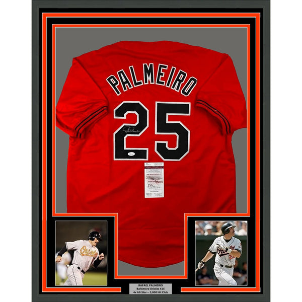 Framed Signed Rafael Palmeiro 35x39 Baltimore Orange Jersey JSA COA