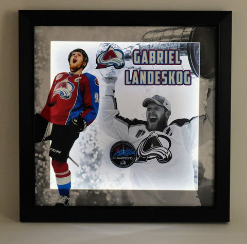 Gabriel Landeskog Autographed Colorado Avalanche Hockey Blue Puck in Lighted Box