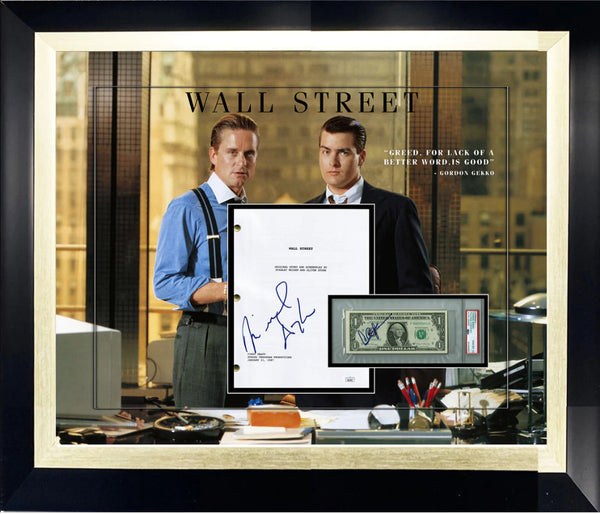 Wall Street Movie Autographed Script & Dollar 3D Box Frame JSA & PSA COAs