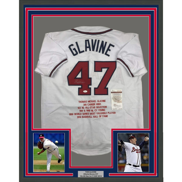 Framed Signed Tom Glavine 35x39 Atlanta White Stat Jersey JSA COA